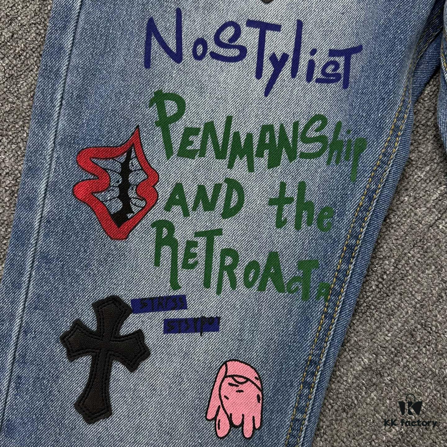 Chrome Hearts Graffiti Appliqué Monster Print Denim Jeans with Large Silver Buckle (Top Version)