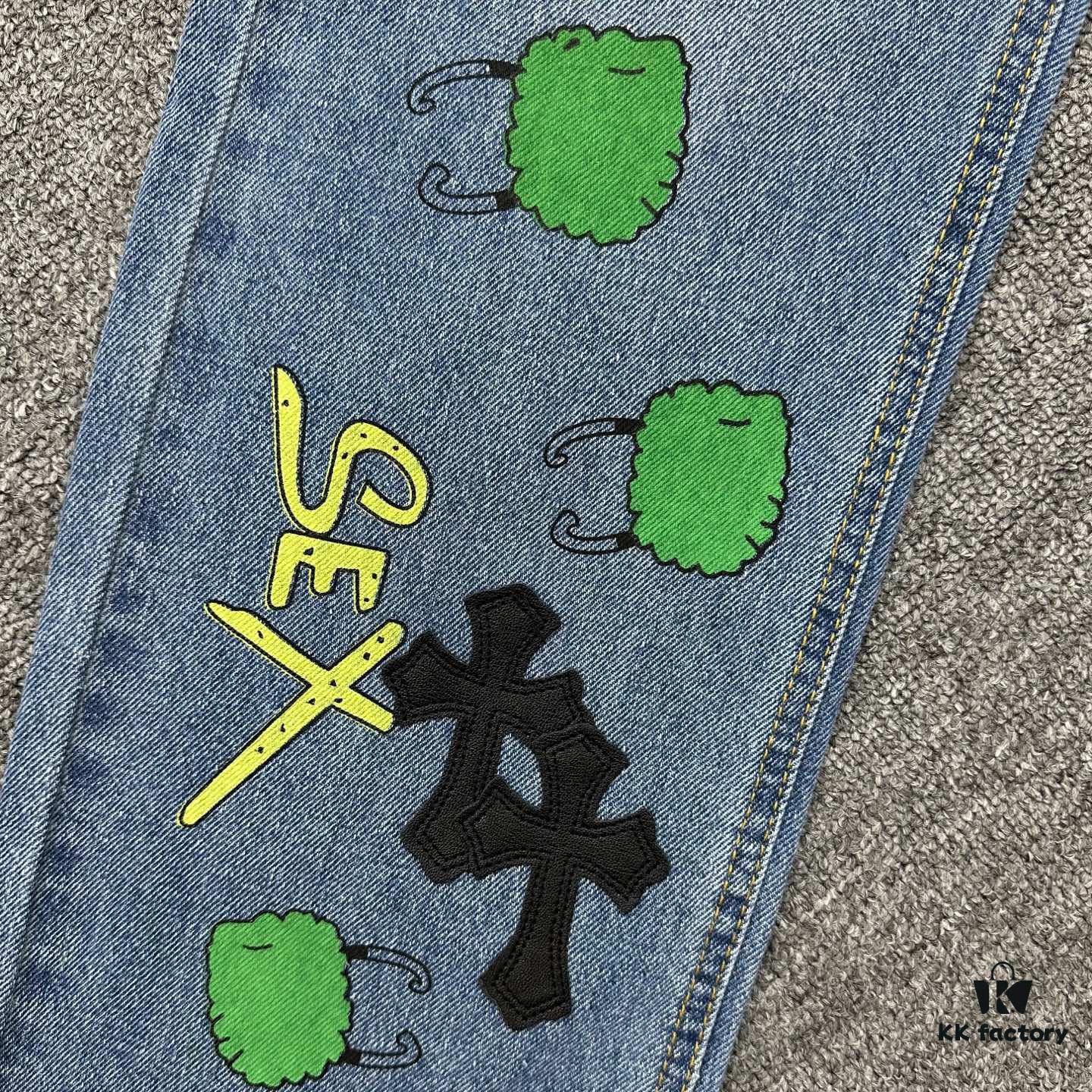 Chrome Hearts Graffiti Appliqué Monster Print Denim Jeans with Large Silver Buckle (Top Version)