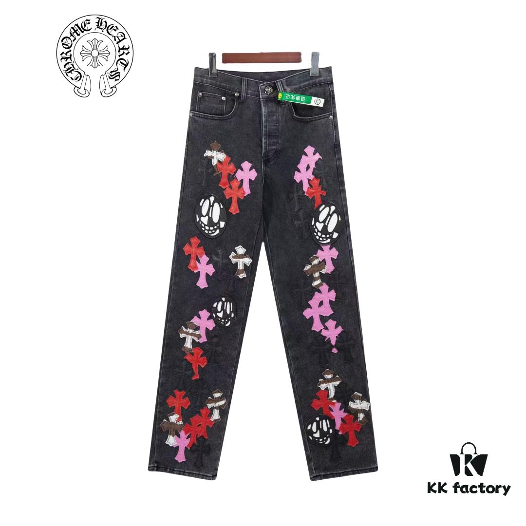 Chrome Hearts & Cult King Patchwork Leather Skull Face Smiley Black Denim Jeans