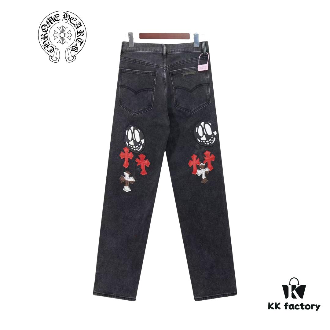 Chrome Hearts & Cult King Patchwork Leather Skull Face Smiley Black Denim Jeans