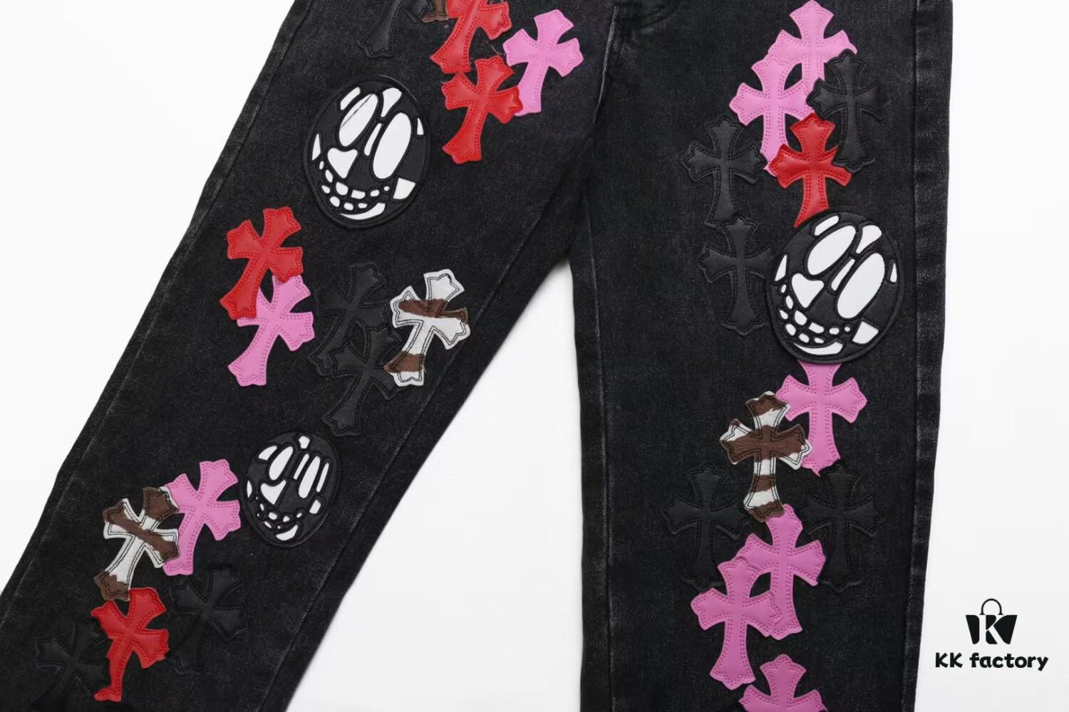 Chrome Hearts & Cult King Patchwork Leather Skull Face Smiley Black Denim Jeans
