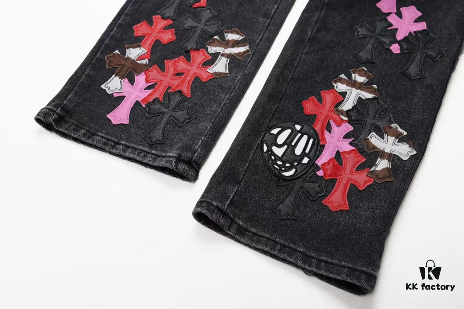 Chrome Hearts & Cult King Patchwork Leather Skull Face Smiley Black Denim Jeans