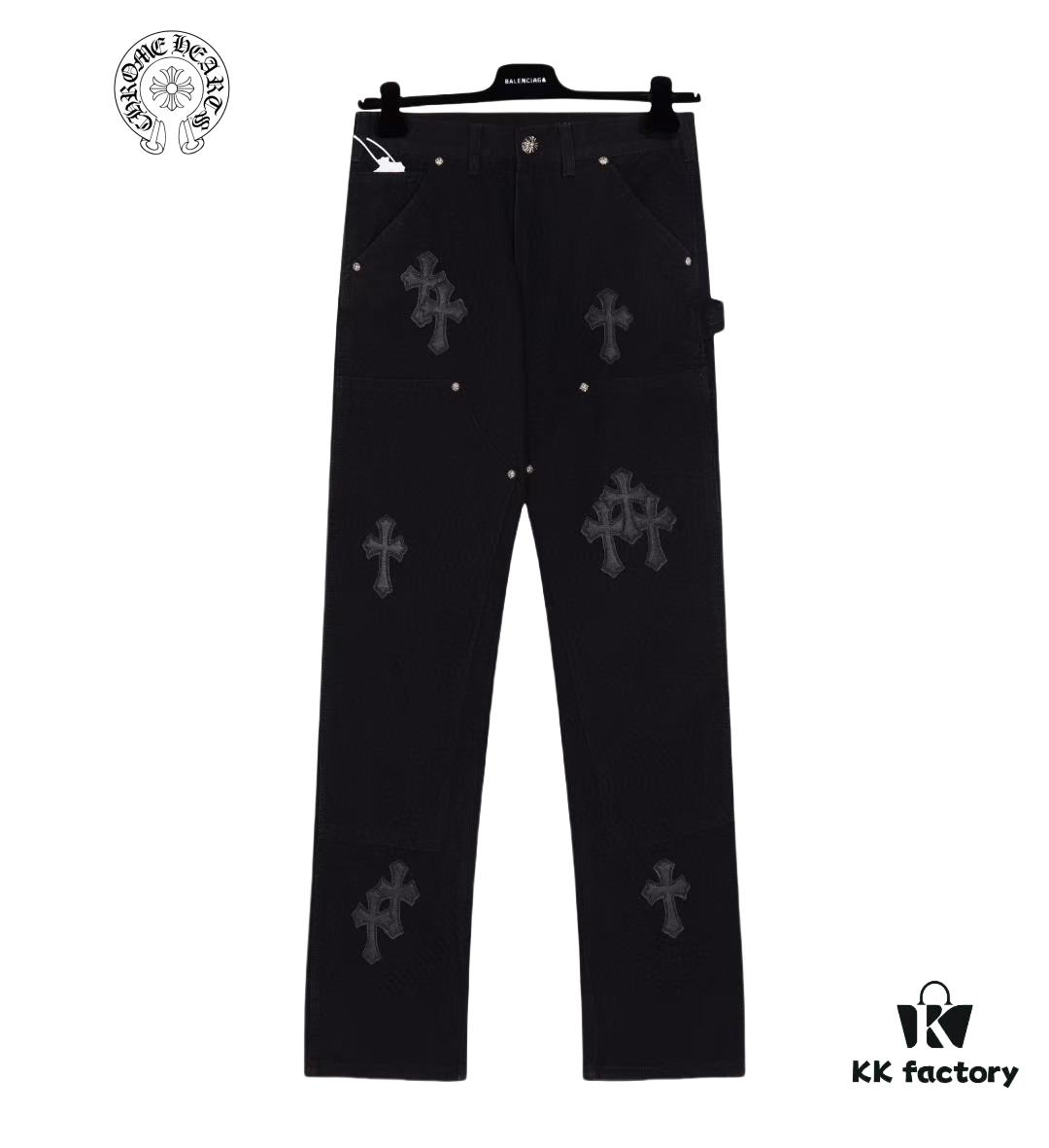 Chrome Hearts CH Cross Embellished Patchwork Leather Logging Jeans