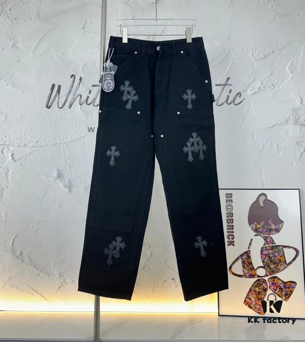 Chrome Hearts CH Cross Embellished Patchwork Leather Logging Jeans