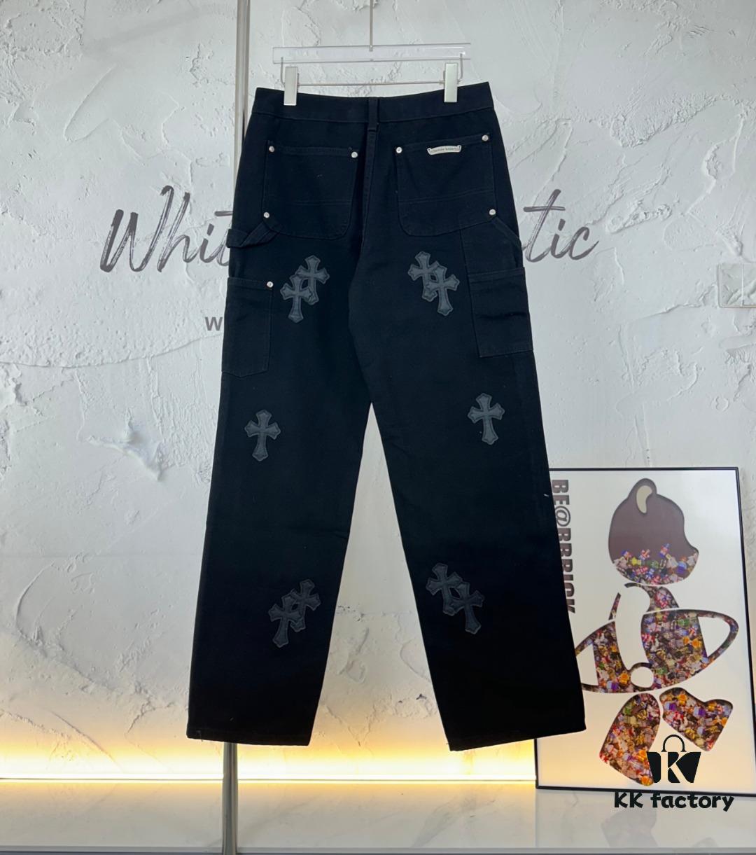 Chrome Hearts CH Cross Embellished Patchwork Leather Logging Jeans