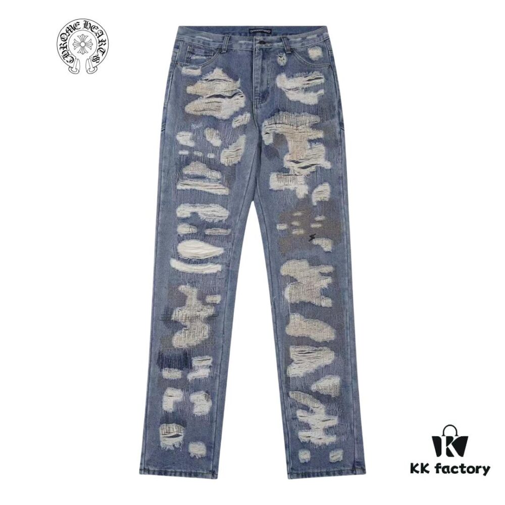 Chrome Hearts & CH Blue Washed Heavily Distressed Patchwork Denim Jeans