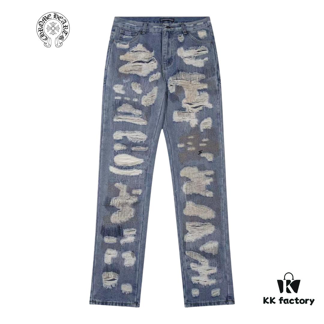 Chrome Hearts & CH Blue Washed Heavily Distressed Patchwork Denim Jeans