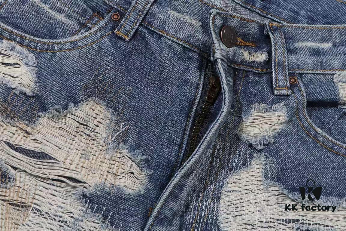 Chrome Hearts & CH Blue Washed Heavily Distressed Patchwork Denim Jeans
