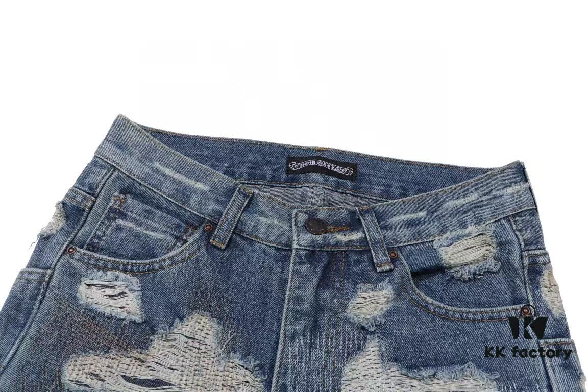 Chrome Hearts & CH Blue Washed Heavily Distressed Patchwork Denim Jeans