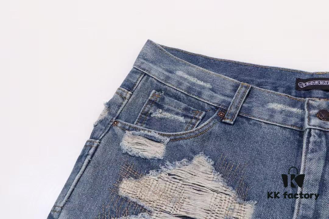 Chrome Hearts & CH Blue Washed Heavily Distressed Patchwork Denim Jeans