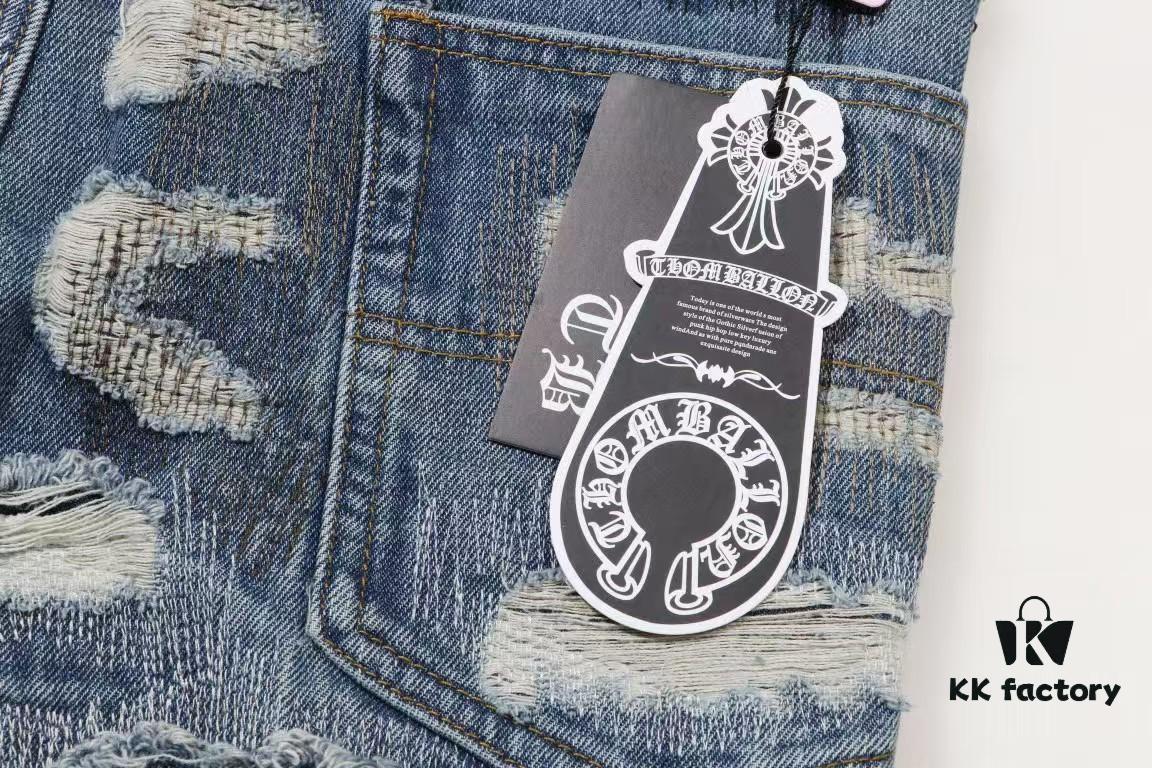 Chrome Hearts & CH Blue Washed Heavily Distressed Patchwork Denim Jeans