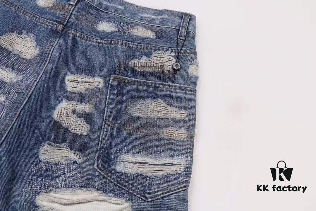 Chrome Hearts & CH Blue Washed Heavily Distressed Patchwork Denim Jeans