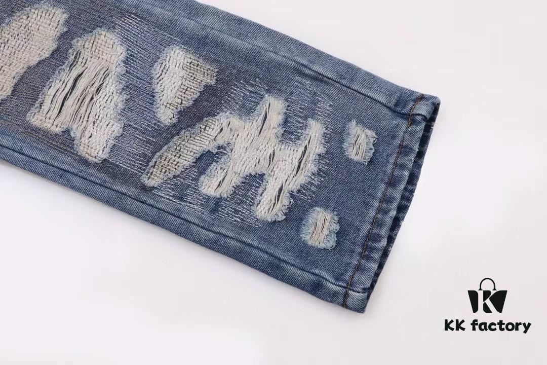 Chrome Hearts & CH Blue Washed Heavily Distressed Patchwork Denim Jeans