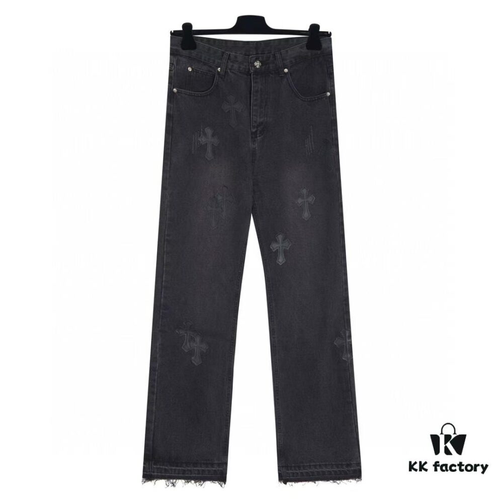 Chrome Heart Cross-stitched Denim Jeans with Laser-cut Calfskin Cross, Distressed Silver Hardware, Straight Fit, Premium Washed Craftsmanship