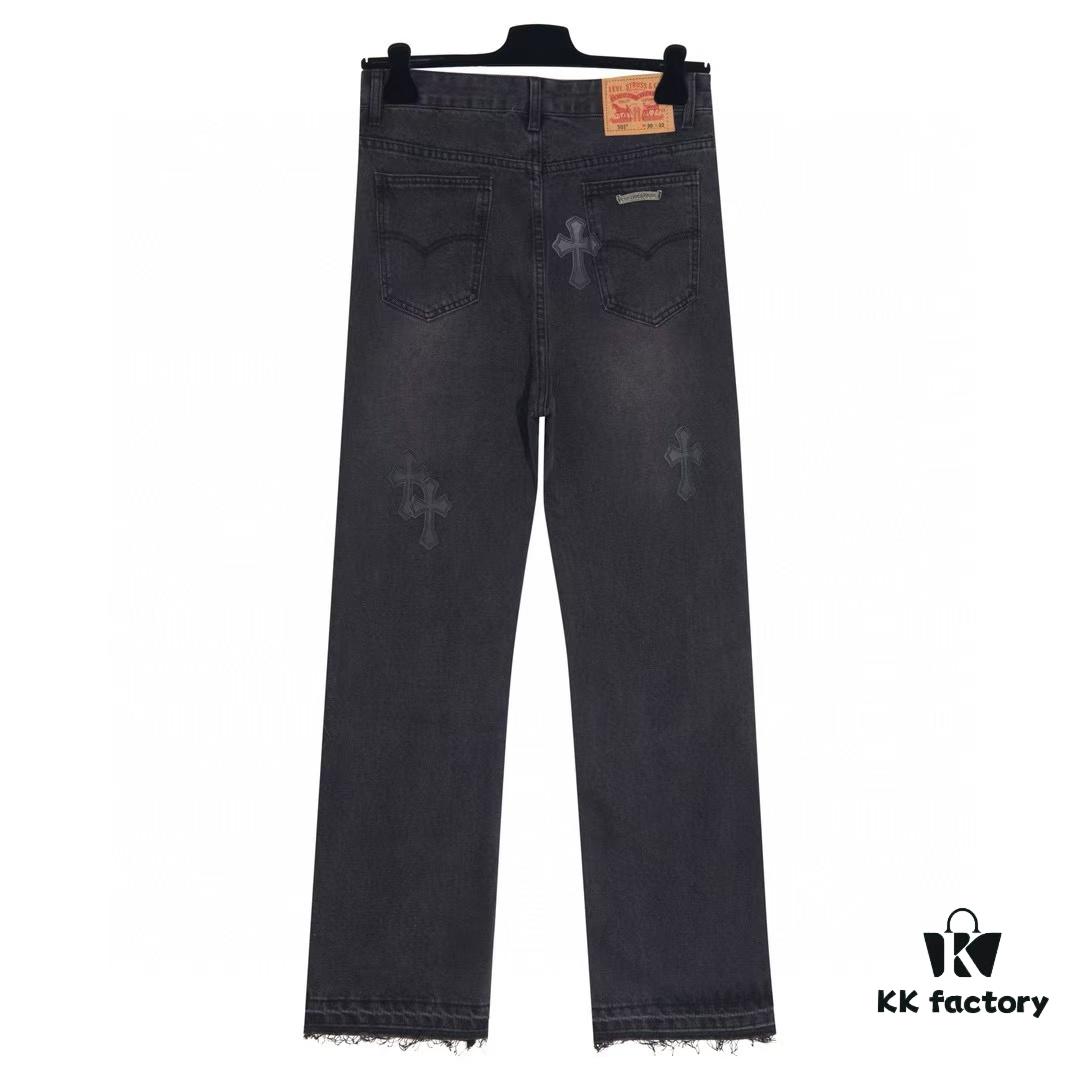 Chrome Heart Cross-stitched Denim Jeans with Laser-cut Calfskin Cross, Distressed Silver Hardware, Straight Fit, Premium Washed Craftsmanship