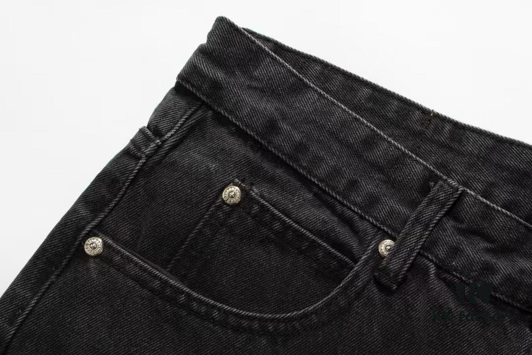 Chrome Heart Cross-stitched Denim Jeans with Laser-cut Calfskin Cross, Distressed Silver Hardware, Straight Fit, Premium Washed Craftsmanship