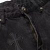 Chrome Heart Cross-stitched Denim Jeans with Laser-cut Calfskin Cross, Distressed Silver Hardware, Straight Fit, Premium Washed Craftsmanship