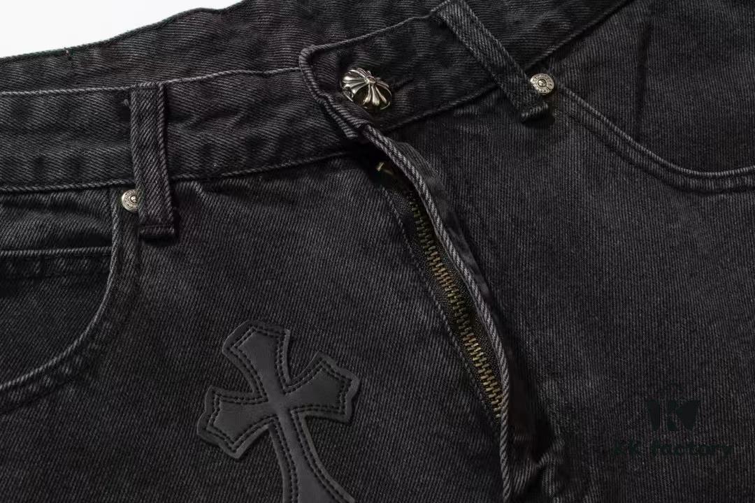 Chrome Heart Cross-stitched Denim Jeans with Laser-cut Calfskin Cross, Distressed Silver Hardware, Straight Fit, Premium Washed Craftsmanship