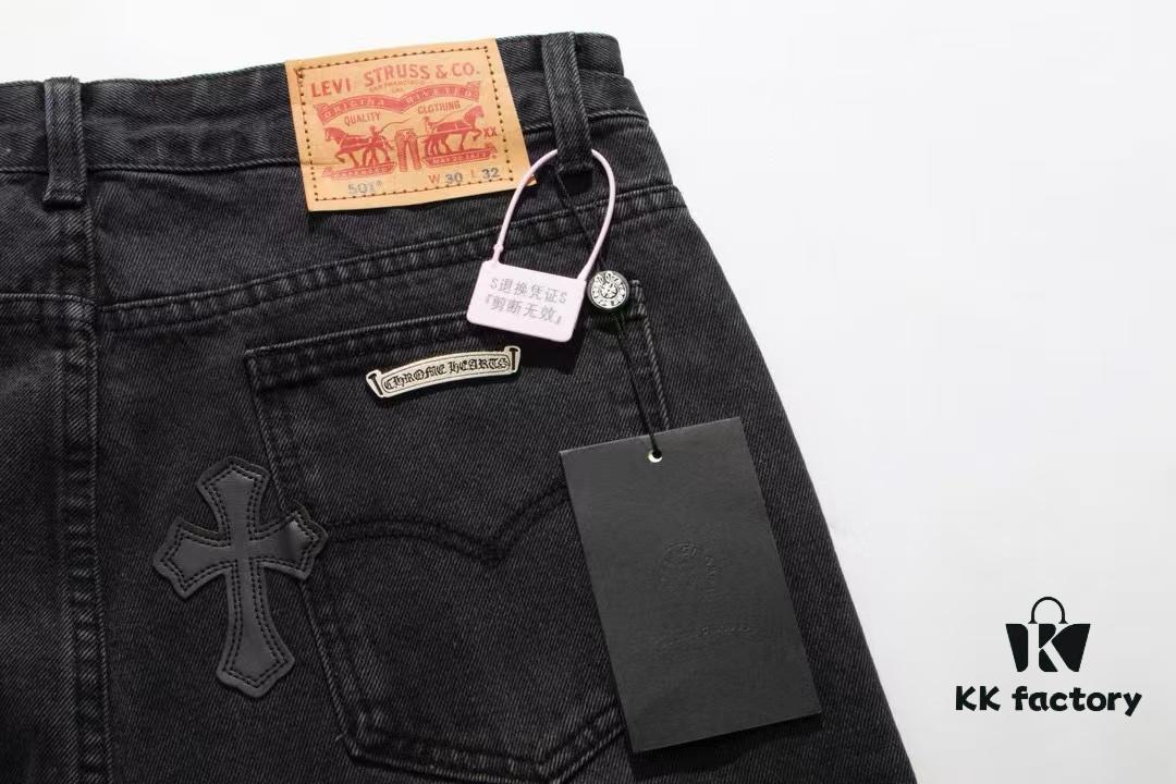 Chrome Heart Cross-stitched Denim Jeans with Laser-cut Calfskin Cross, Distressed Silver Hardware, Straight Fit, Premium Washed Craftsmanship