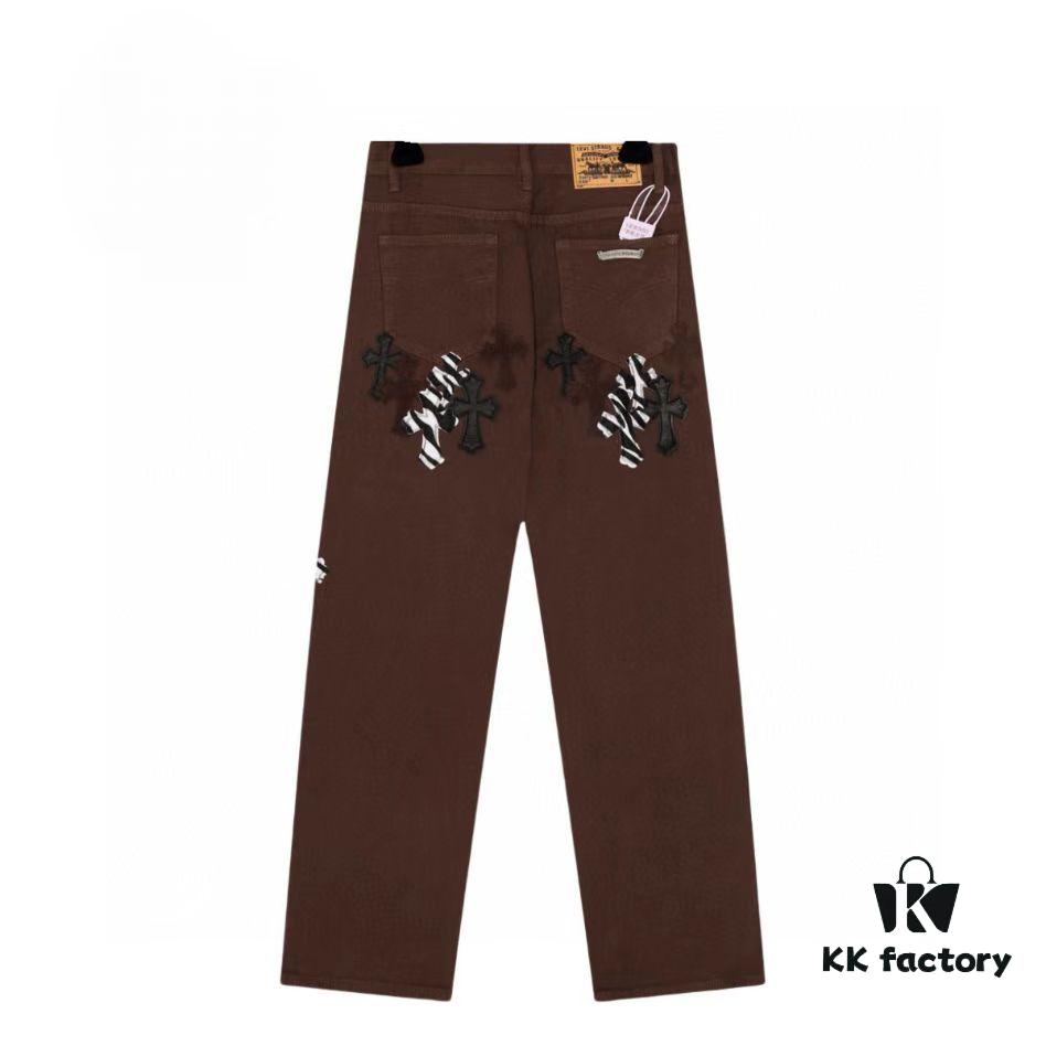 Chroe Hets CH Cross Brown Patchwork Leather White Leopard Print Applique Denim Pants KL013