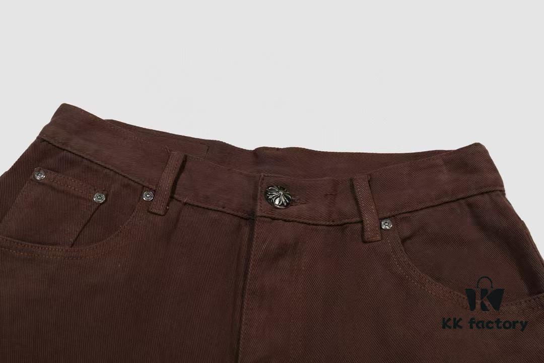 Chroe Hets CH Cross Brown Patchwork Leather White Leopard Print Applique Denim Pants KL013