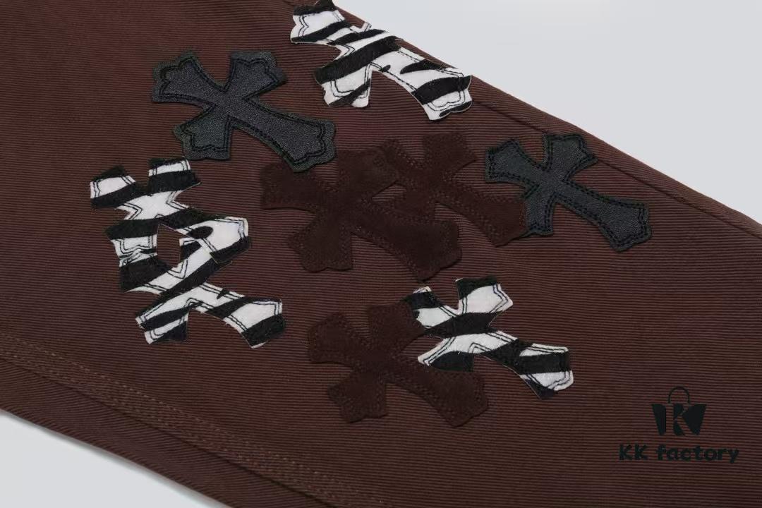 Chroe Hets CH Cross Brown Patchwork Leather White Leopard Print Applique Denim Pants KL013