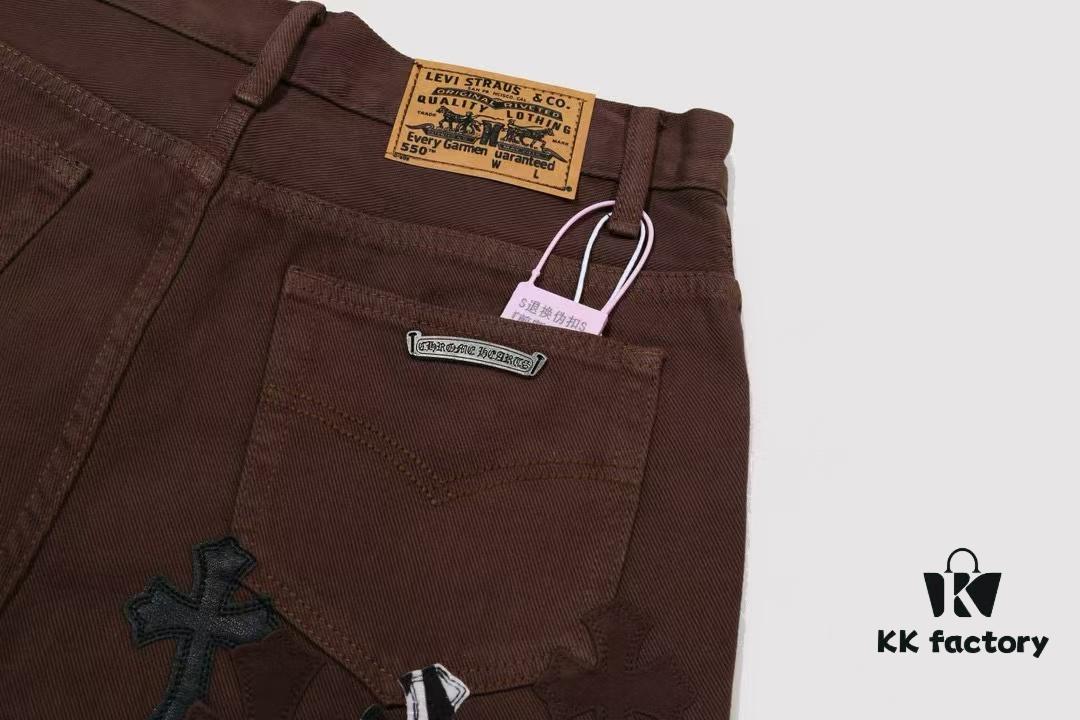 Chroe Hets CH Cross Brown Patchwork Leather White Leopard Print Applique Denim Pants KL013