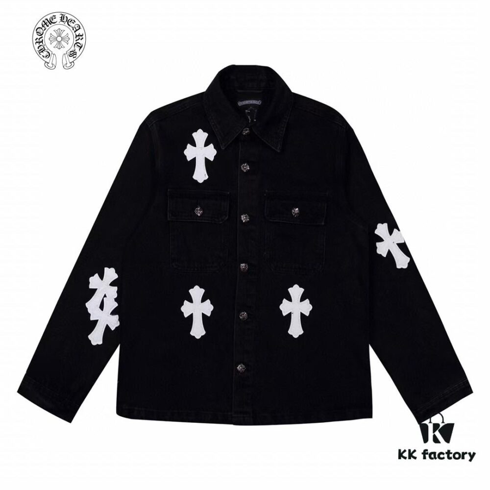 Chrome Hearts White Leather Cross Patch Black Denim Shirt Jacket KL022