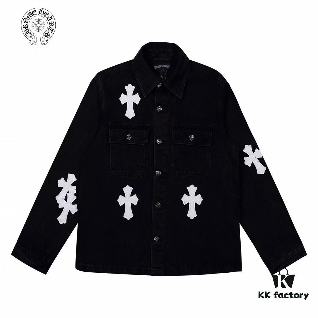 Chrome Hearts White Leather Cross Patch Black Denim Shirt Jacket KL022
