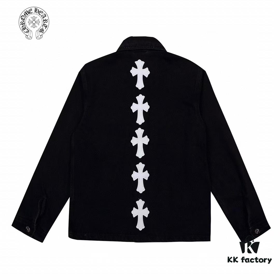 Chrome Hearts White Leather Cross Patch Black Denim Shirt Jacket KL022