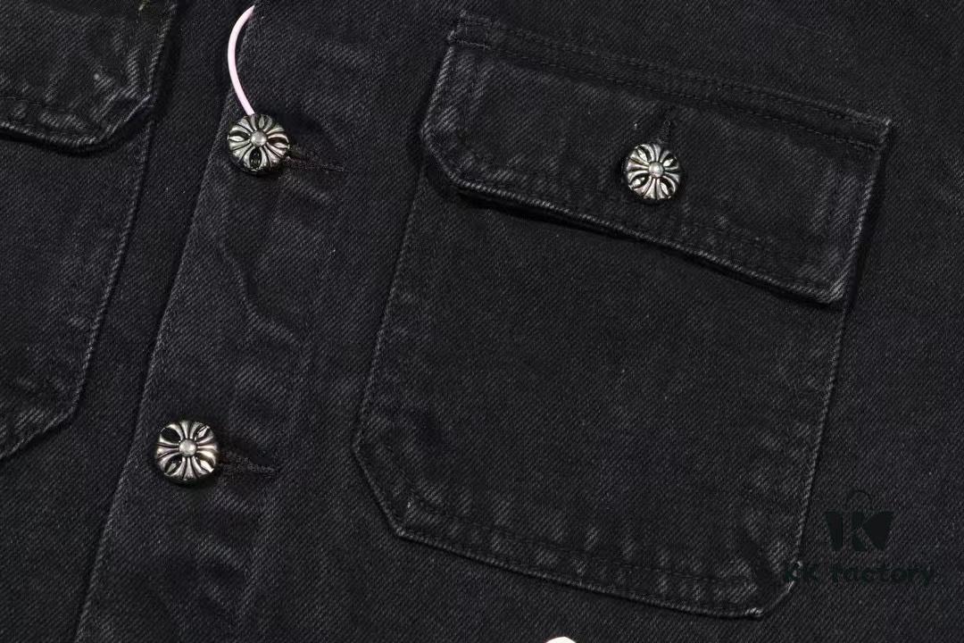 Chrome Hearts White Leather Cross Patch Black Denim Shirt Jacket KL022