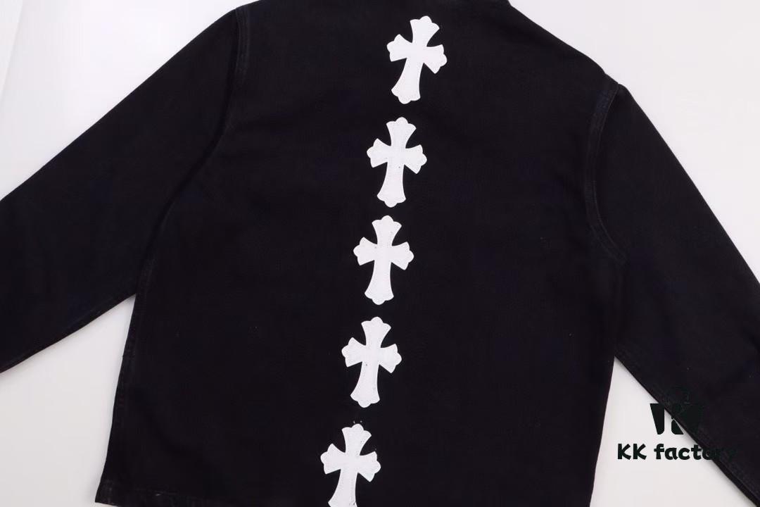 Chrome Hearts White Leather Cross Patch Black Denim Shirt Jacket KL022