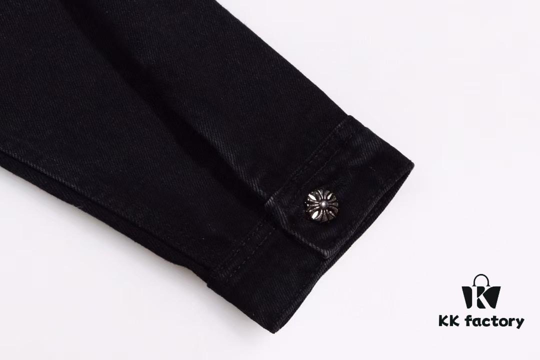 Chrome Hearts White Leather Cross Patch Black Denim Shirt Jacket KL022