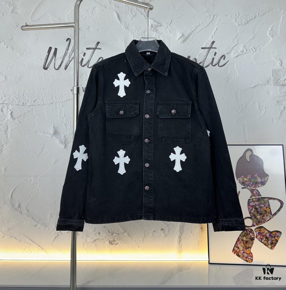 Chrome Hearts White Leather Cross Embroidered Black Denim Shirt Jacket