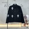 Chrome Hearts White Leather Cross Embroidered Black Denim Shirt Jacket