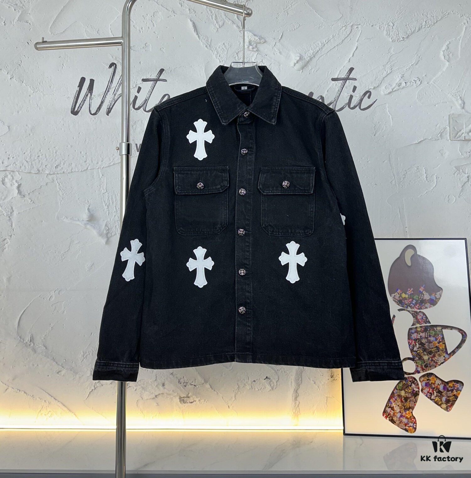 Chrome Hearts White Leather Cross Embroidered Black Denim Shirt Jacket