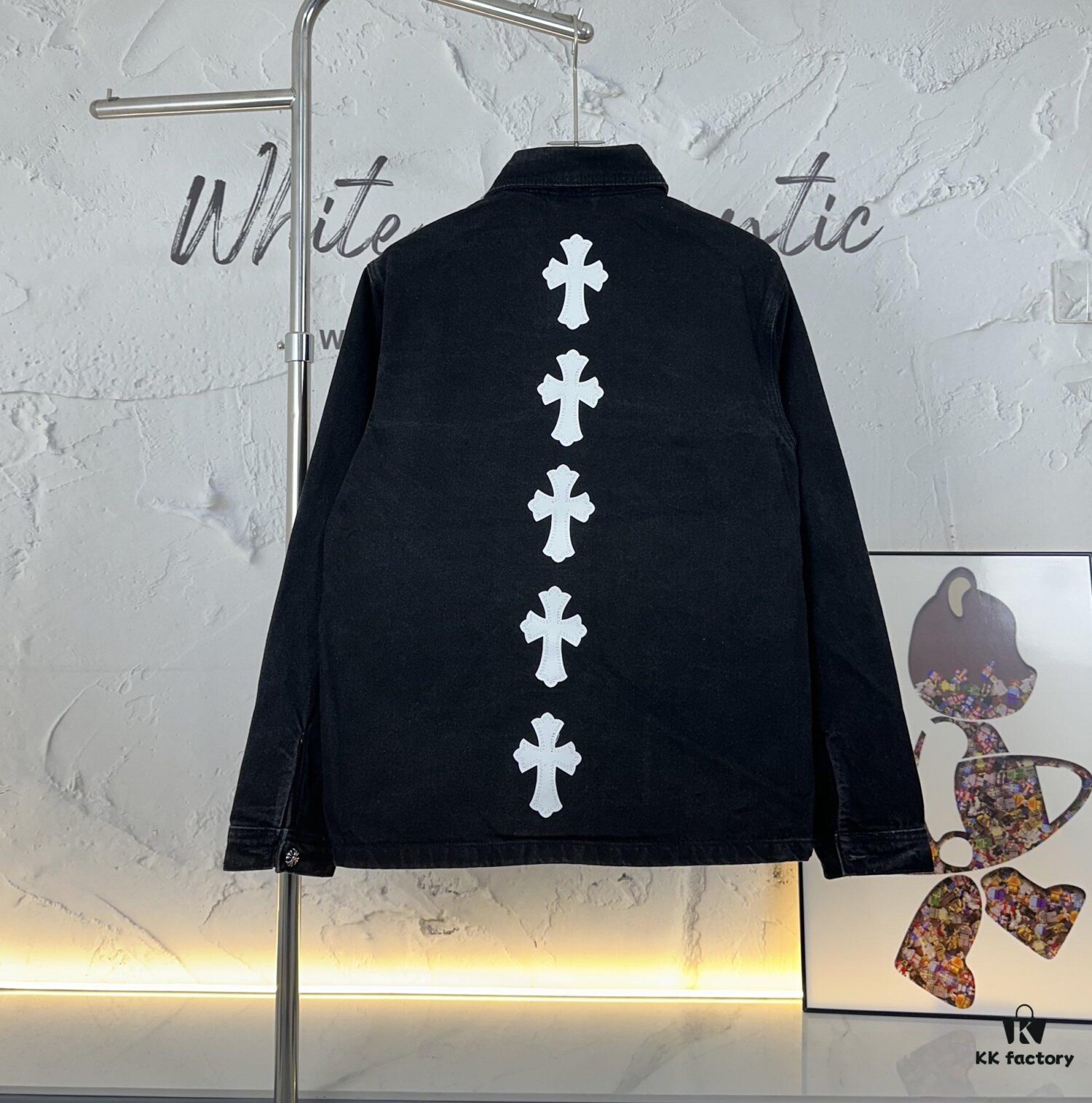 Chrome Hearts White Leather Cross Embroidered Black Denim Shirt Jacket