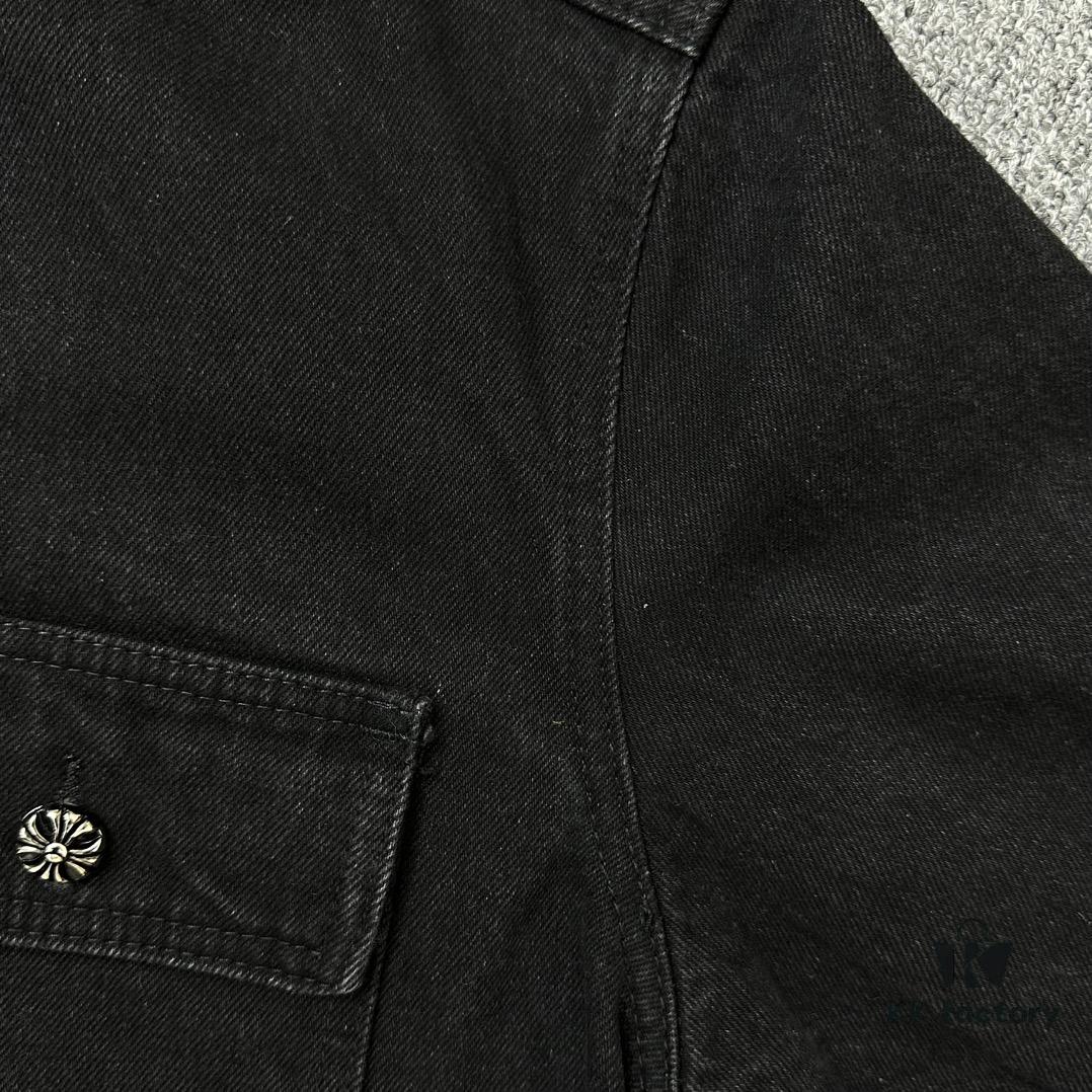 Chrome Hearts White Leather Cross Embroidered Black Denim Shirt Jacket