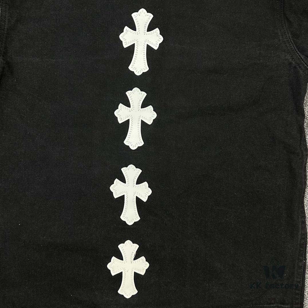 Chrome Hearts White Leather Cross Embroidered Black Denim Shirt Jacket