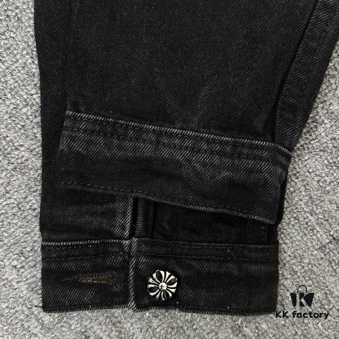 Chrome Hearts White Leather Cross Embroidered Black Denim Shirt Jacket