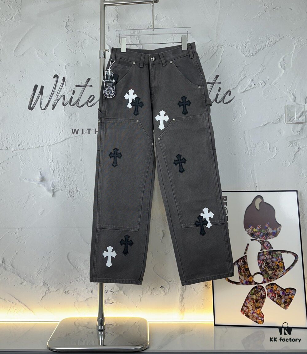 Chrome Hearts Matty Boy Sex Records Patchwork Leather Cross Denim Jeans - Heavy Washed Canvas, Custom Silver Hardware, Hand-Embroidered Cross with Rare Leather Patches, High-Waist Rugged Design
