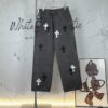 Chrome Hearts Matty Boy Sex Records Patchwork Leather Cross Denim Jeans - Heavy Washed Canvas, Custom Silver Hardware, Hand-Embroidered Cross with Rare Leather Patches, High-Waist Rugged Design