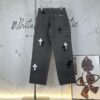 Chrome Hearts Matty Boy Sex Records Patchwork Leather Cross Denim Jeans - Heavy Washed Canvas, Custom Silver Hardware, Hand-Embroidered Cross with Rare Leather Patches, High-Waist Rugged Design