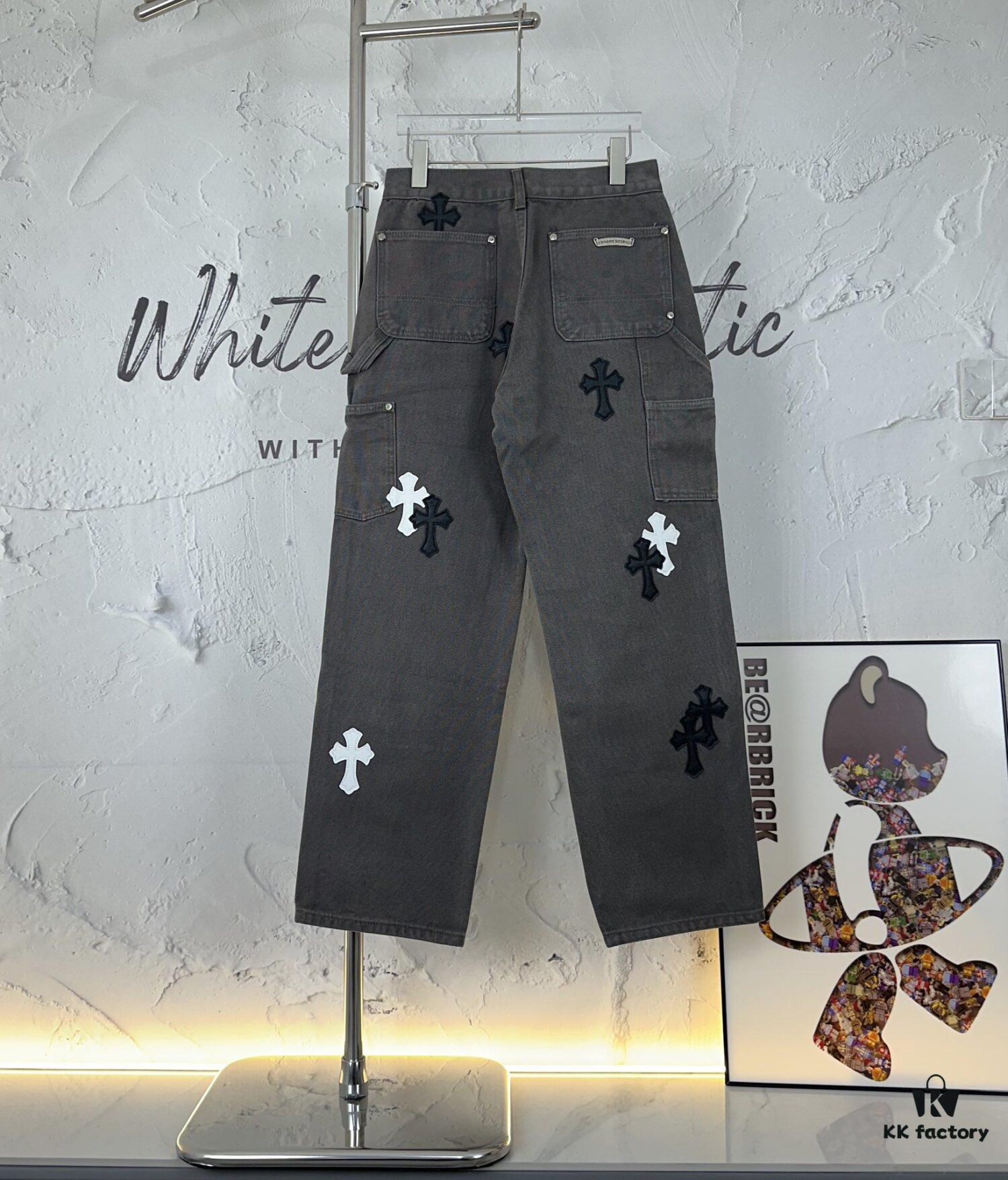 Chrome Hearts Matty Boy Sex Records Patchwork Leather Cross Denim Jeans - Heavy Washed Canvas, Custom Silver Hardware, Hand-Embroidered Cross with Rare Leather Patches, High-Waist Rugged Design