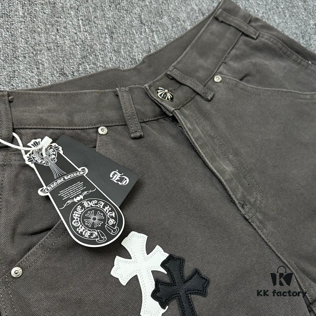 Chrome Hearts Matty Boy Sex Records Patchwork Leather Cross Denim Jeans - Heavy Washed Canvas, Custom Silver Hardware, Hand-Embroidered Cross with Rare Leather Patches, High-Waist Rugged Design