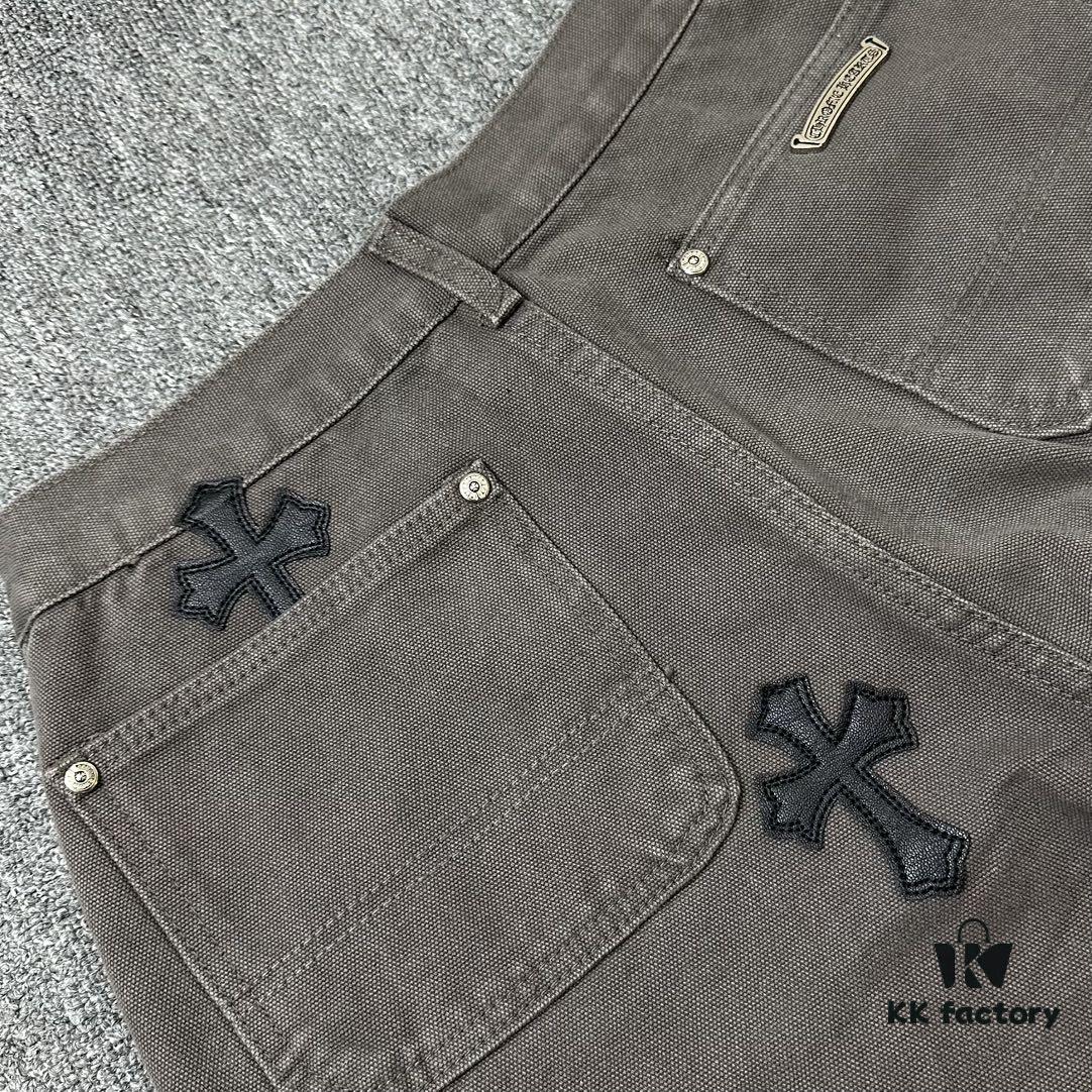 Chrome Hearts Matty Boy Sex Records Patchwork Leather Cross Denim Jeans - Heavy Washed Canvas, Custom Silver Hardware, Hand-Embroidered Cross with Rare Leather Patches, High-Waist Rugged Design