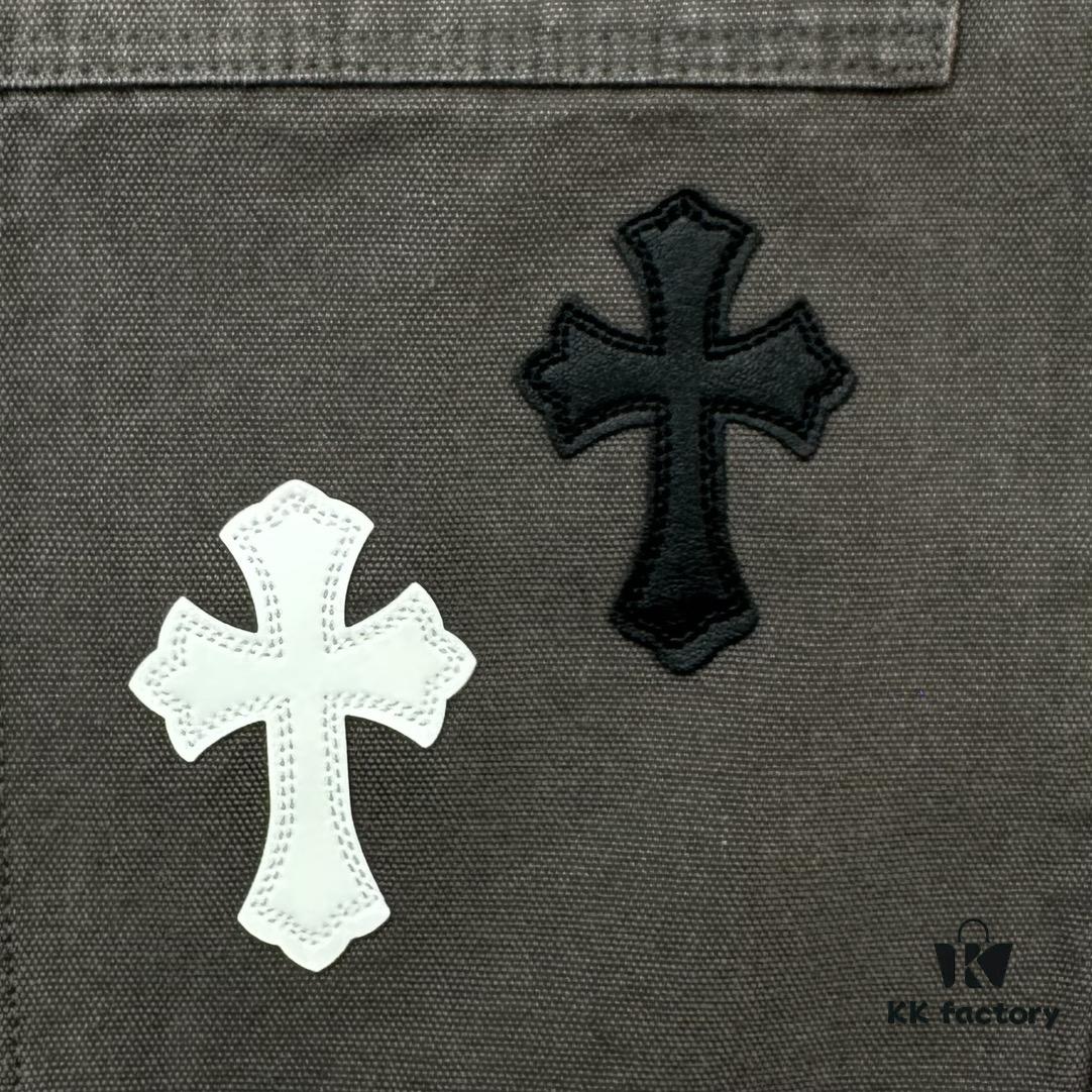 Chrome Hearts Matty Boy Sex Records Patchwork Leather Cross Denim Jeans - Heavy Washed Canvas, Custom Silver Hardware, Hand-Embroidered Cross with Rare Leather Patches, High-Waist Rugged Design