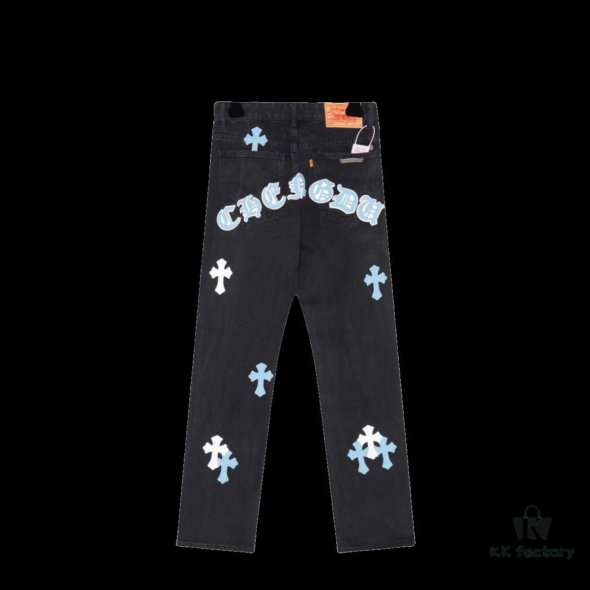 Chrome Hearts & CH Chengdu Limited Edition Denim Jeans with Black and White Panda-Inspired Design, Lamb Leather Cross Patch, Unisex Stylish Fit
