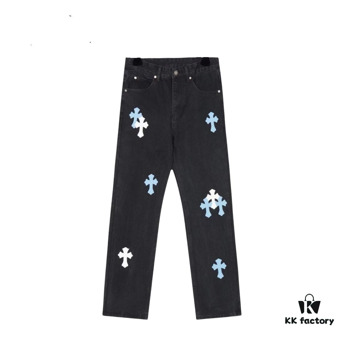 Chrome Hearts & CH Chengdu Limited Edition Denim Jeans with Black and White Panda-Inspired Design, Lamb Leather Cross Patch, Unisex Stylish Fit