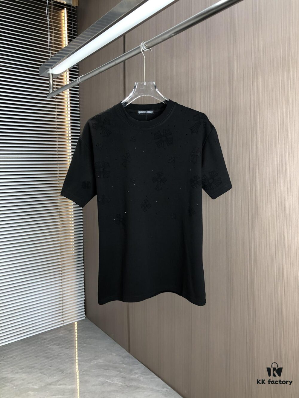 Kelo 2025 Spring Summer New Arrival Round Neck Short Sleeve T-Shirt with Laser Burnout Pattern and Full Rhinestones, 320g Heavyweight Double-Yarn Combed Cotton Fabric, Slightly Loose Unisex Fit